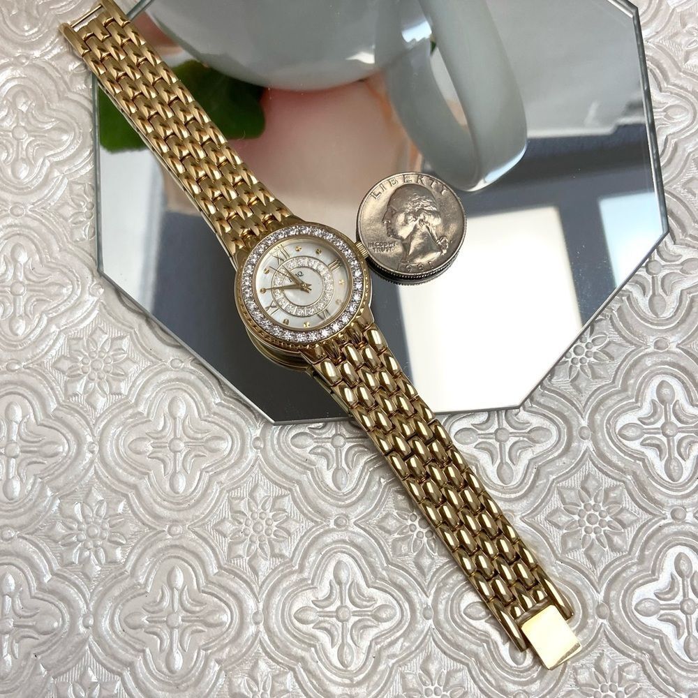 DMQ Diamonique CZ Bezel Mother of Pearl Dial Gold-Tone Dress Watch - Picture 9 of 16